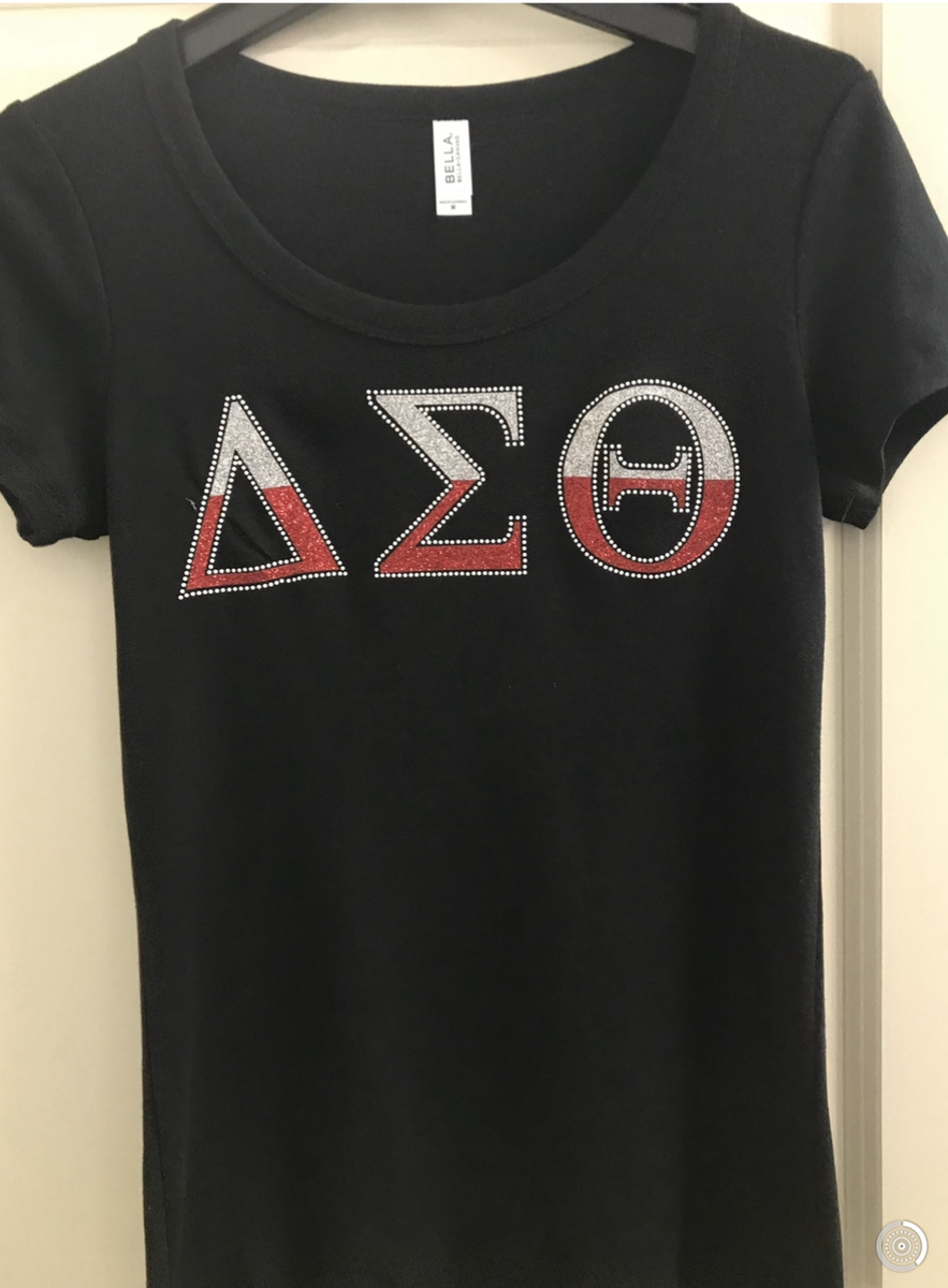 Delta 3/Letter Rhinestone Fitted Tee – Greek Apparel and More, image size:883x1200